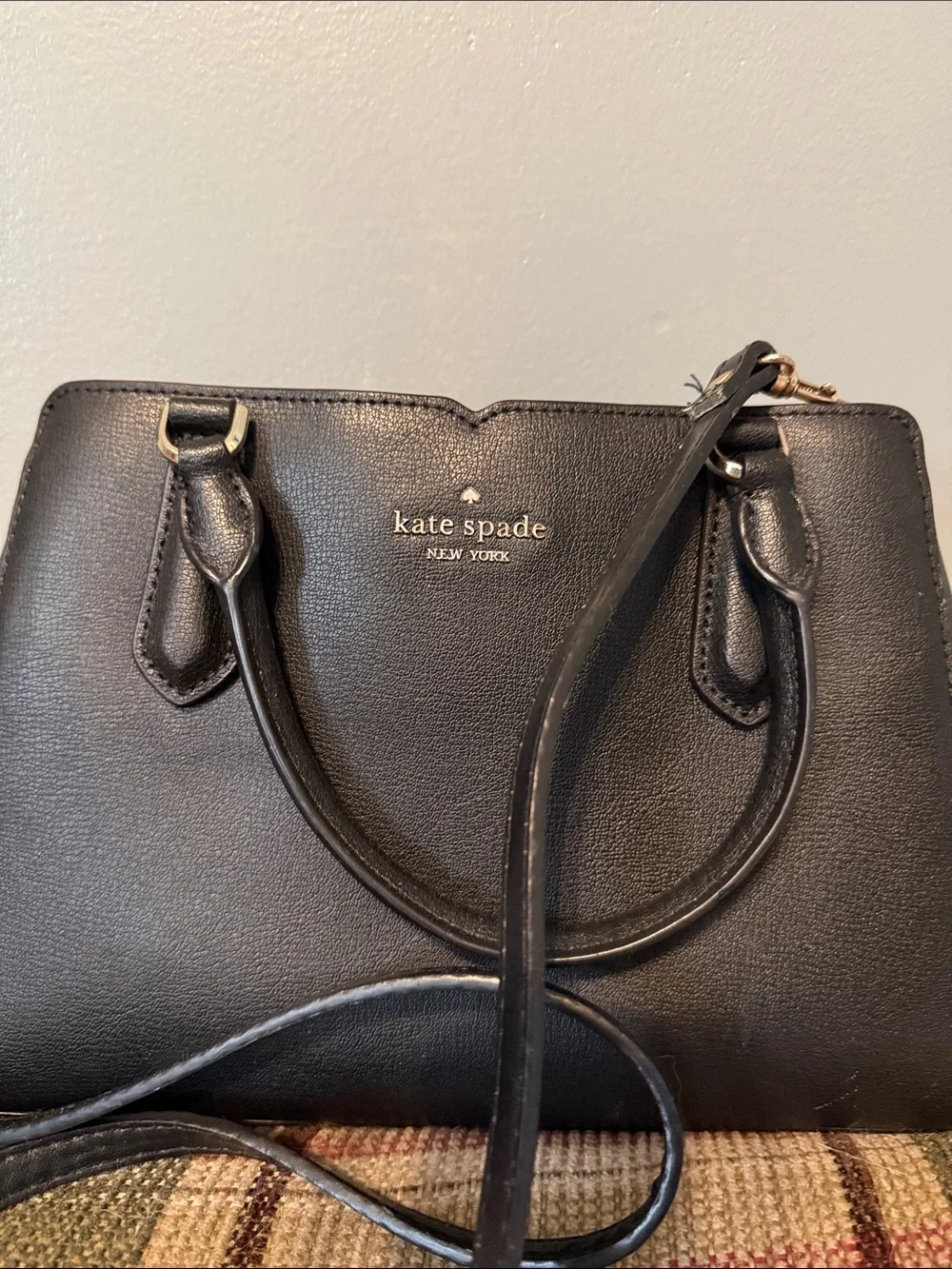 kate spade black Saffiano leather satchel with gold logo